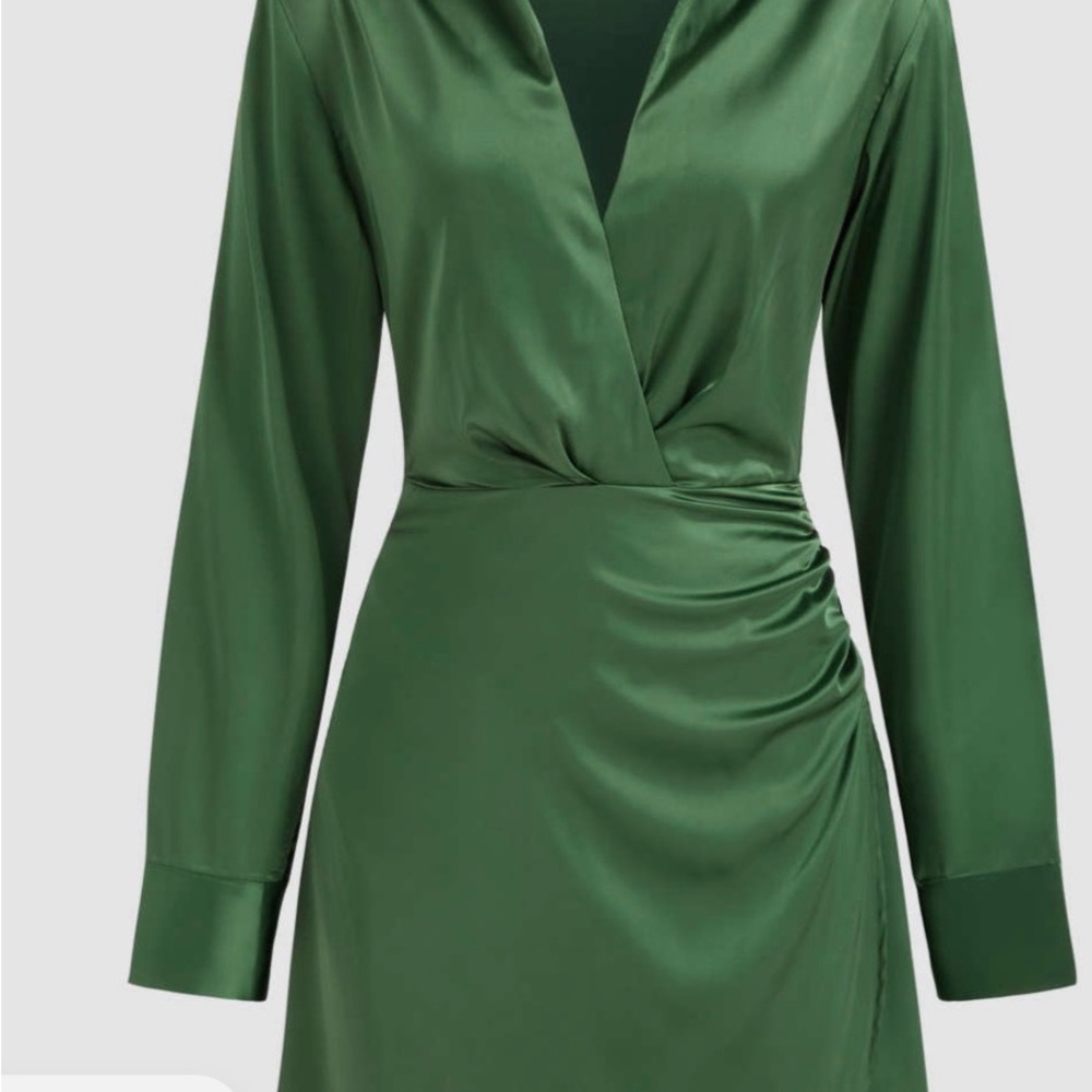 Cider Deep Green Satin Long Sleeve Dress